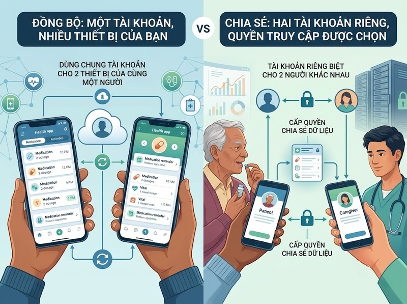 Đồng bộ lịch uống thuốc giữa hai điện thoại cần cùng tài khoản không?