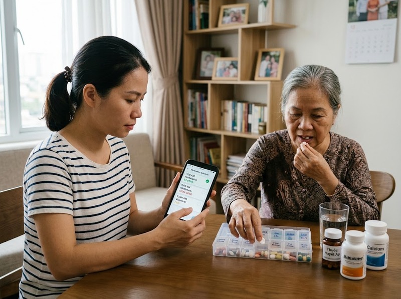 Ứng dụng nhắc thuốc cho người cao tuổi cần tính năng hỗ trợ người chăm sóc nào?