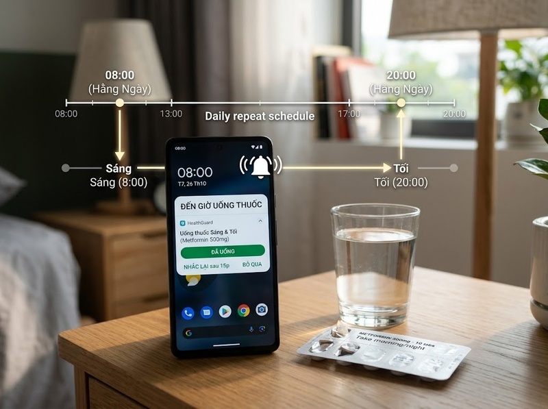 Ứng dụng nhắc uống thuốc hoạt động như thế nào để tạo và gửi thông báo?